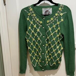 New London Green Pearl and Flower enhanced wool blend cardigan sweater large
